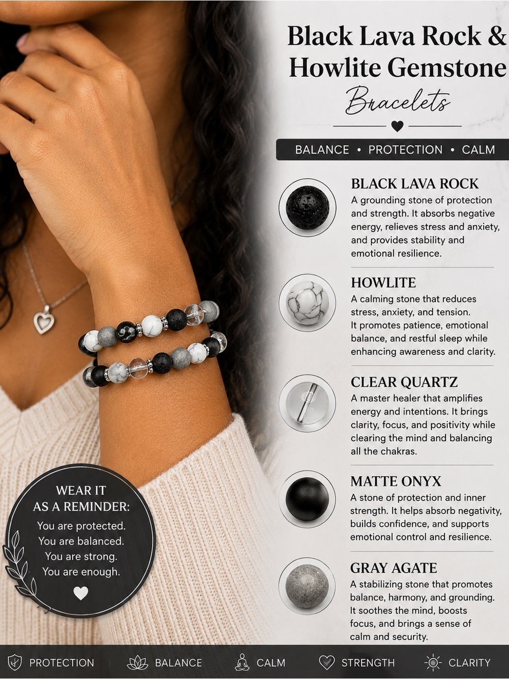 Black Lava Rock & Howlite Gemstone Bracelets